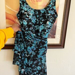 Swimsuits For All Black and Blue Floral One Piece and Sarong